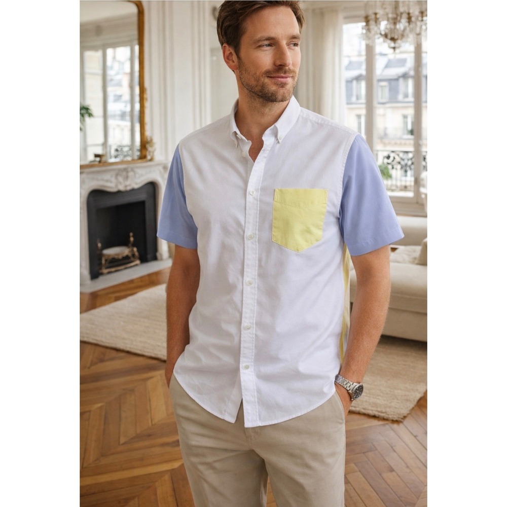 Gap Modern Oxford Mens Lg Colorblock Short Sleeve Button Down Shirt Yellow Blue